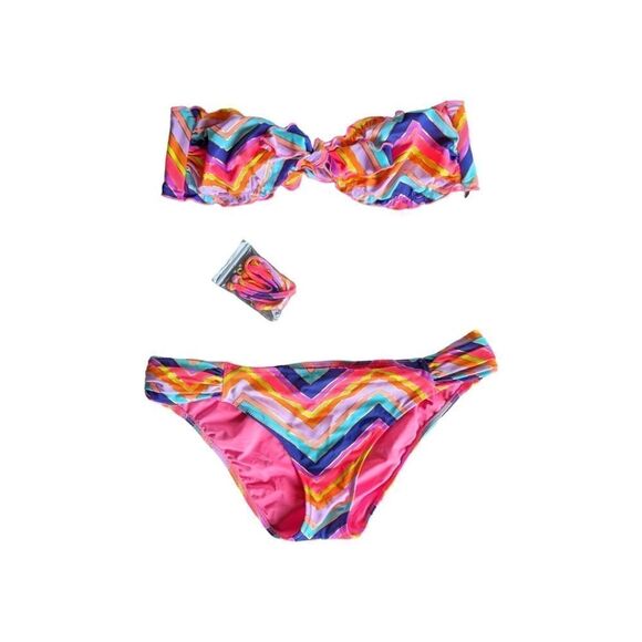 Victoria's Secret Y2K Vintage Rainbow Foil Ruffle Chevron Stripe Bikini Set NWOT - Picture 3 of 10